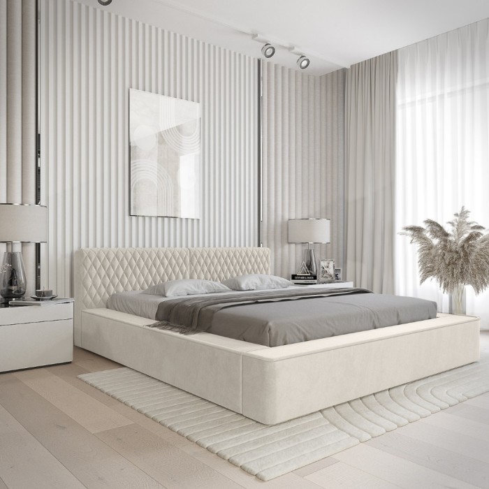 Lit coffre VERNON – Tissu chenille bouclé Lin naturel – 140x200 cm – Sommier relevable – Élégance et confort premium 