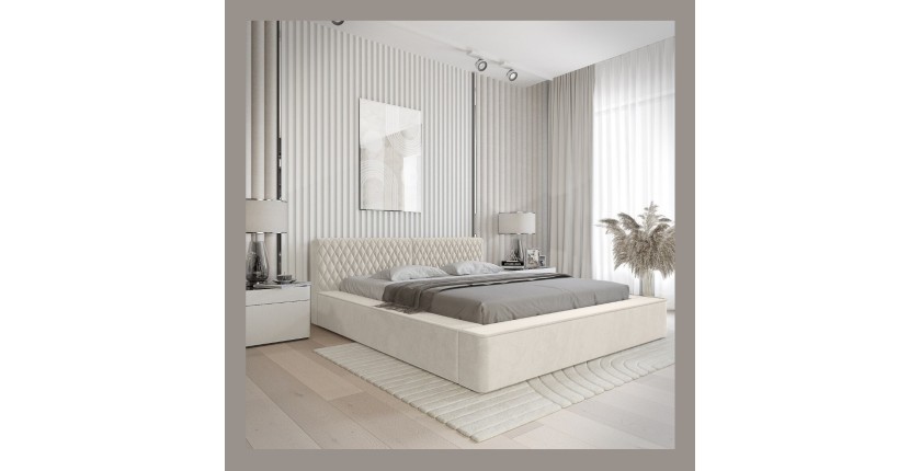 Lit coffre VERNON – Tissu chenille bouclé Lin naturel – 140x200 cm – Sommier relevable – Élégance et confort premium 