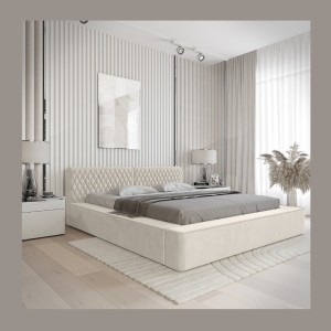 Lit coffre VERNON – Tissu chenille bouclé Lin naturel – 140x200 cm – Sommier relevable – Élégance et confort premium 