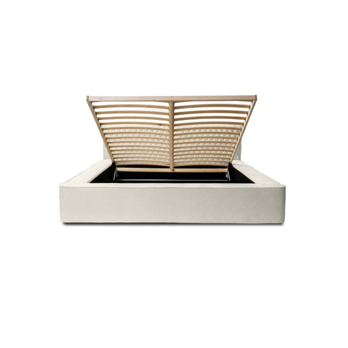 Lit coffre VERNON – Tissu chenille bouclé Lin naturel – 160x200 cm – Sommier relevable – Design haut de gamme 