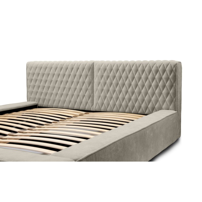 Lit coffre VERNON – Tissu chenille bouclé Taupe fumé – 140x200 cm – Sommier relevable – Design haut de gamme 