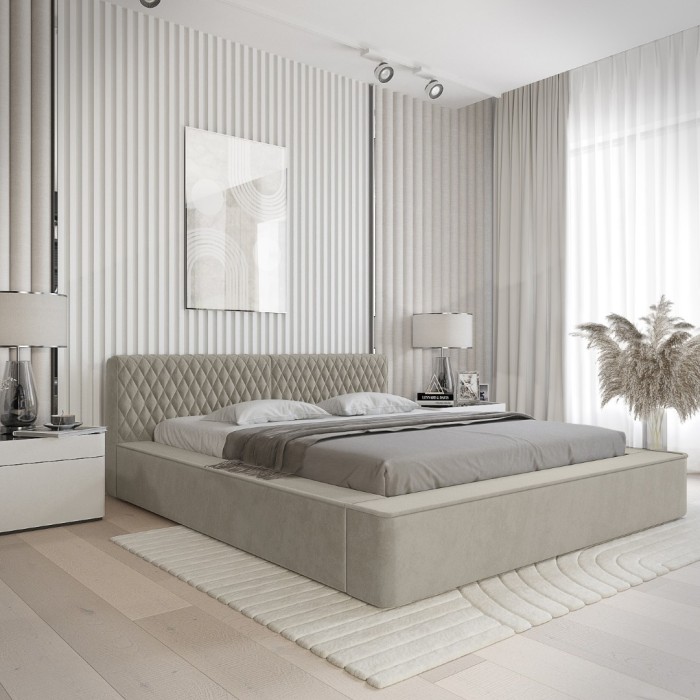 Lit coffre VERNON – Tissu chenille bouclé Taupe fumé – 140x200 cm – Sommier relevable – Design haut de gamme 