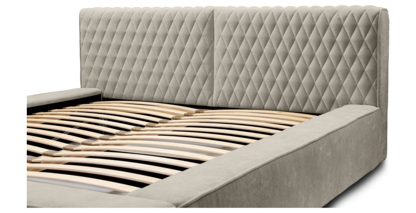 Lit coffre VERNON – Tissu chenille bouclé Taupe fumé – 160x200 cm – Sommier relevable – Design haut de gamme 