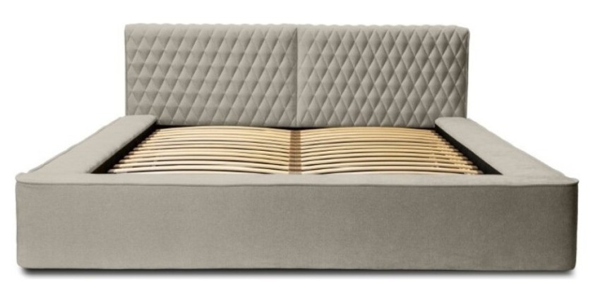 Lit coffre VERNON – Tissu chenille bouclé Taupe fumé – 180x200 cm – Sommier relevable – Design haut de gamme 