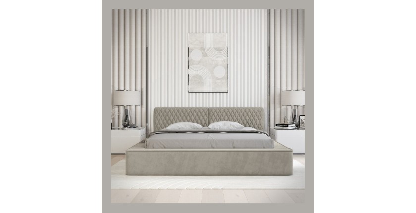 Lit coffre VERNON – Tissu chenille bouclé Taupe fumé – 180x200 cm – Sommier relevable – Design haut de gamme