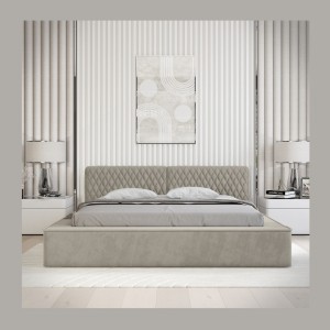 Lit coffre VERNON – Tissu chenille bouclé Taupe fumé – 180x200 cm – Sommier relevable – Design haut de gamme