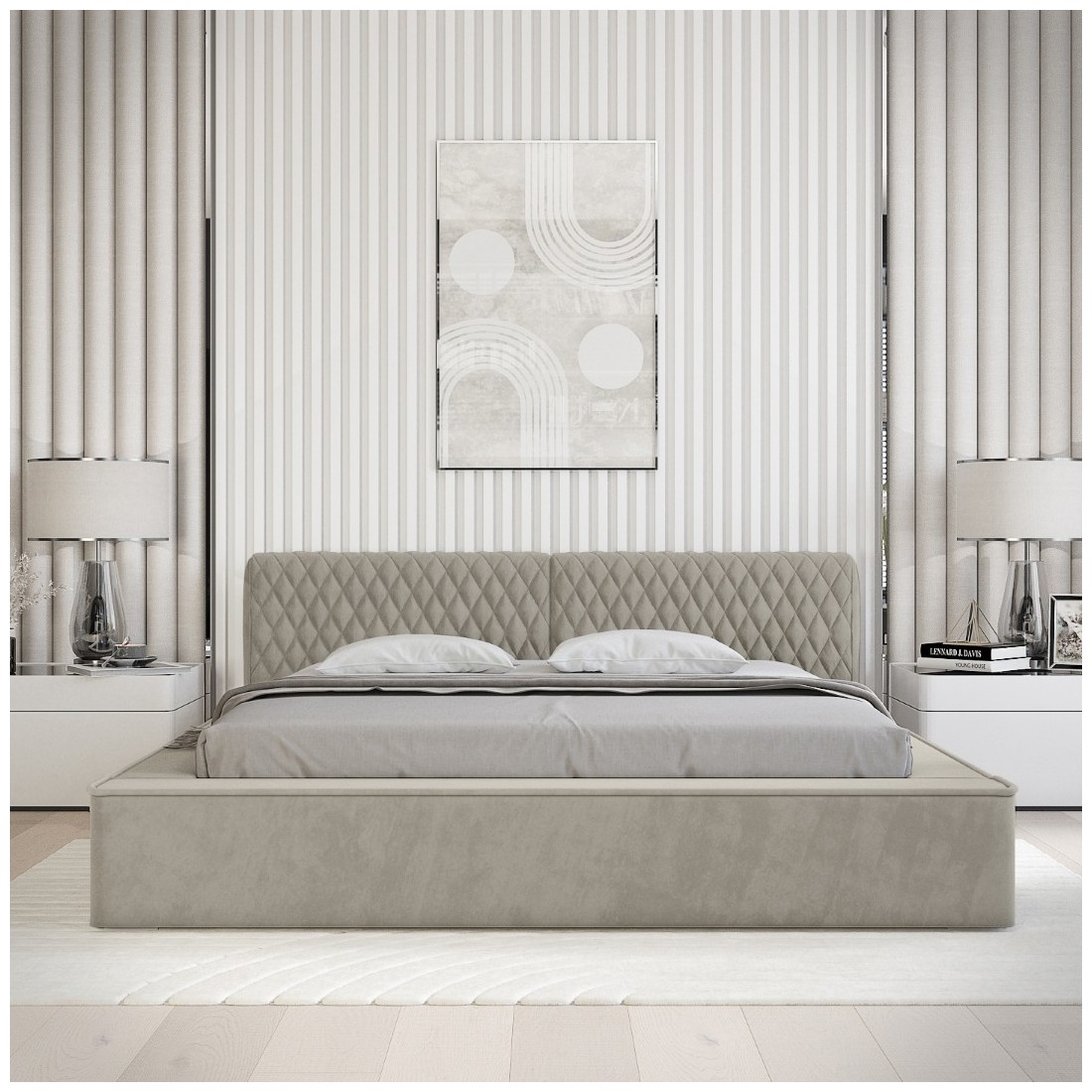 Lit coffre VERNON – Tissu chenille bouclé Taupe fumé – 180x200 cm – Sommier relevable – Design haut de gamme
