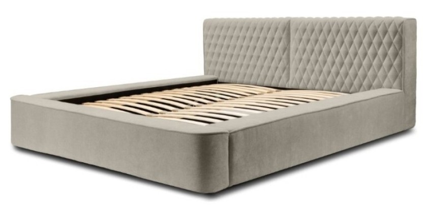 Lit coffre VERNON – Tissu chenille bouclé Taupe fumé – 180x200 cm – Sommier relevable – Design haut de gamme 