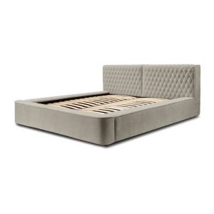 Lit coffre VERNON – Tissu chenille bouclé Taupe fumé – 180x200 cm – Sommier relevable – Design haut de gamme 