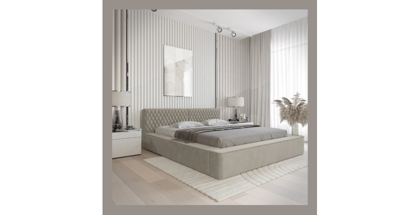 Lit coffre VERNON – Tissu chenille bouclé Taupe fumé – 180x200 cm – Sommier relevable – Design haut de gamme 