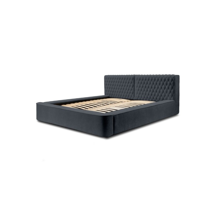 Lit coffre VERNON – Tissu chenille bouclé Charbon bleu – 140x200 cm – Sommier relevable – Design haut de gamme 