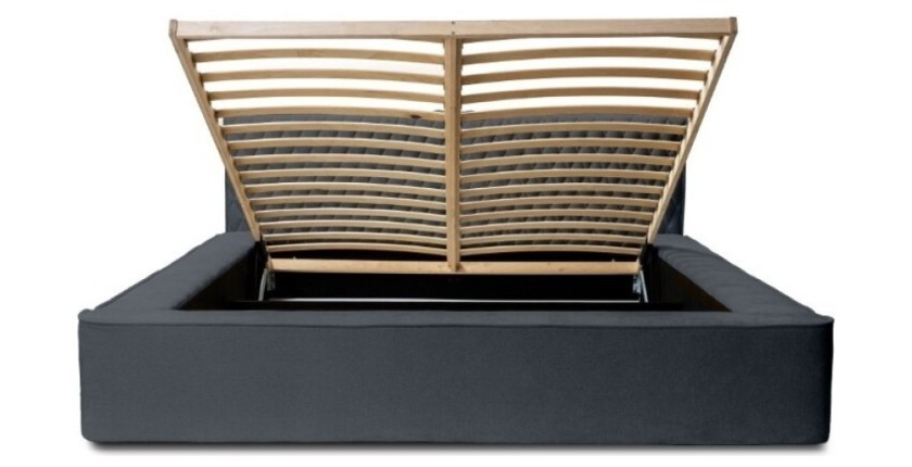 Lit coffre VERNON – Tissu chenille bouclé Charbon bleu – 160x200 cm – Sommier relevable – Design haut de gamme 