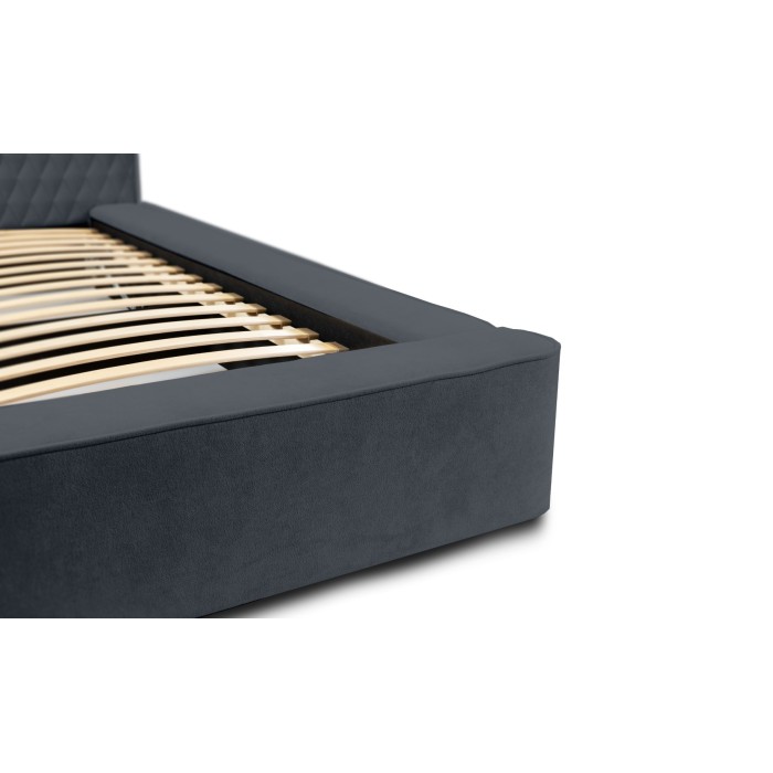 Lit coffre VERNON – Tissu chenille bouclé Charbon bleu – 160x200 cm – Sommier relevable – Design haut de gamme 