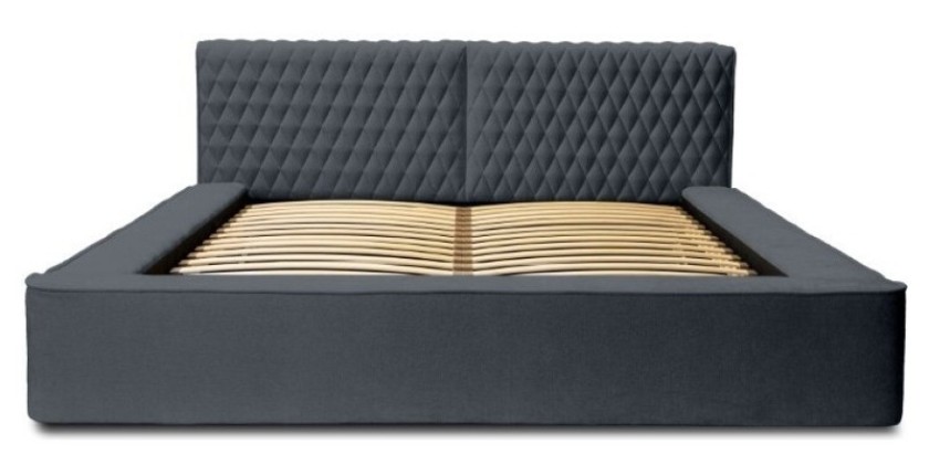 Lit coffre VERNON – Tissu chenille bouclé Charbon bleu – 180x200 cm – Sommier relevable – Design haut de gamme 