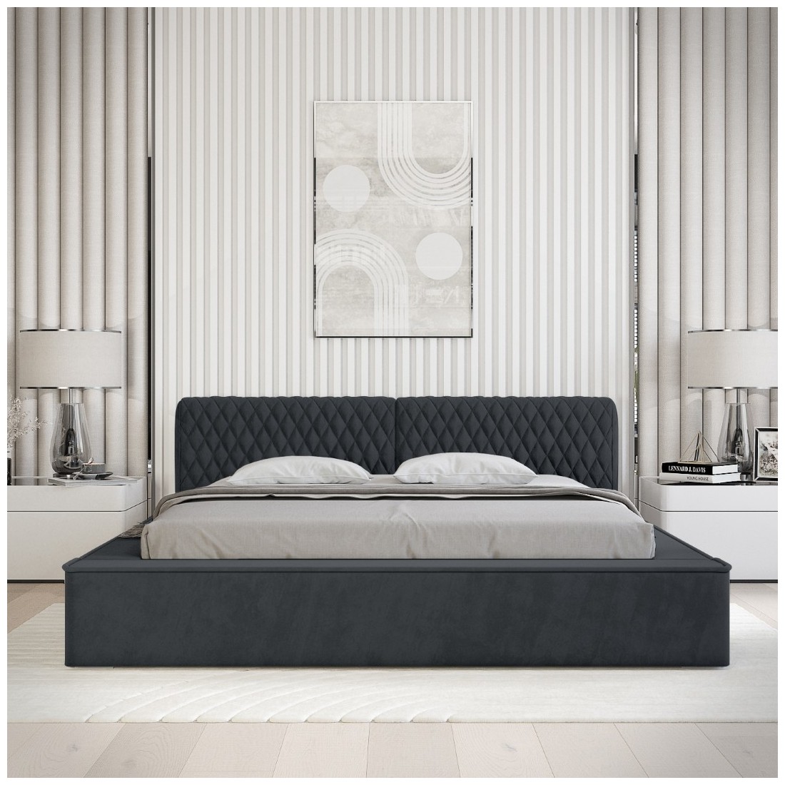 Lit coffre VERNON – Tissu chenille bouclé Charbon bleu – 180x200 cm – Sommier relevable – Design haut de gamme