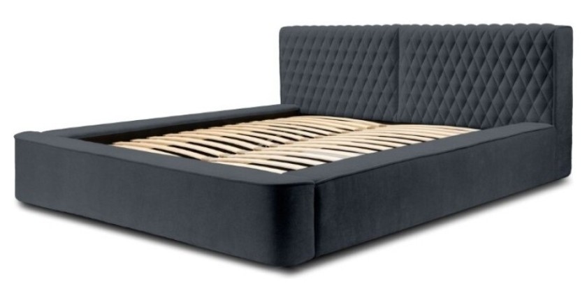 Lit coffre VERNON – Tissu chenille bouclé Charbon bleu – 180x200 cm – Sommier relevable – Design haut de gamme 