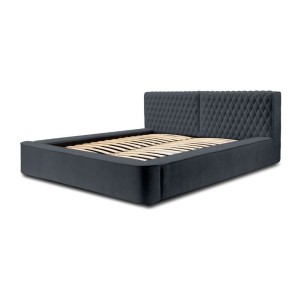 Lit coffre VERNON – Tissu chenille bouclé Charbon bleu – 180x200 cm – Sommier relevable – Design haut de gamme 