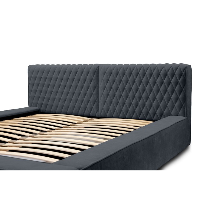 Lit coffre VERNON – Tissu chenille bouclé Charbon bleu – 180x200 cm – Sommier relevable – Design haut de gamme 