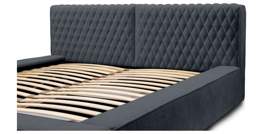 Lit coffre VERNON – Tissu chenille bouclé Charbon bleu – 180x200 cm – Sommier relevable – Design haut de gamme 