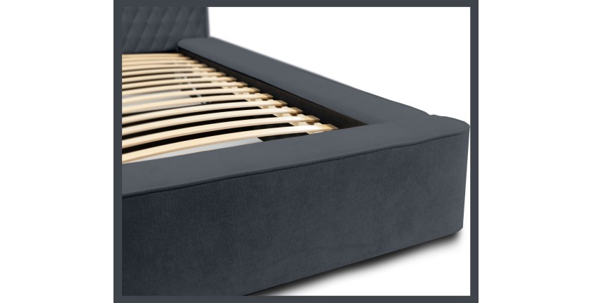 Lit coffre VERNON – Tissu chenille bouclé Charbon bleu – 180x200 cm – Sommier relevable – Design haut de gamme 