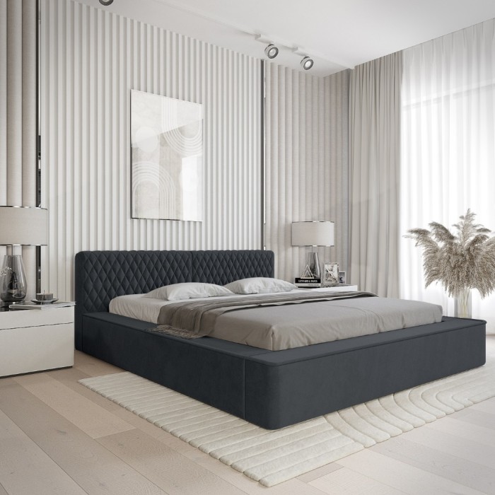Lit coffre VERNON – Tissu chenille bouclé Charbon bleu – 180x200 cm – Sommier relevable – Design haut de gamme 