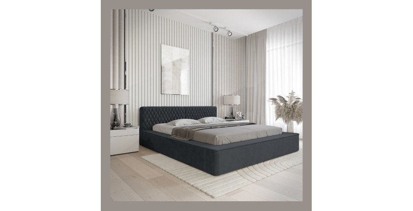 Lit coffre VERNON – Tissu chenille bouclé Charbon bleu – 180x200 cm – Sommier relevable – Design haut de gamme 