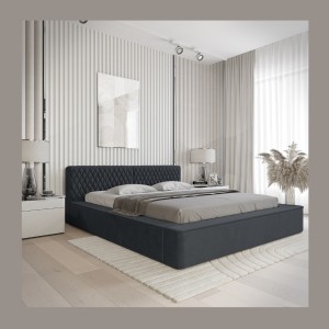 Lit coffre VERNON – Tissu chenille bouclé Charbon bleu – 180x200 cm – Sommier relevable – Design haut de gamme 