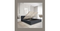 Lit coffre VERNON – Tissu chenille bouclé Charbon bleu – 180x200 cm – Sommier relevable – Design haut de gamme 
