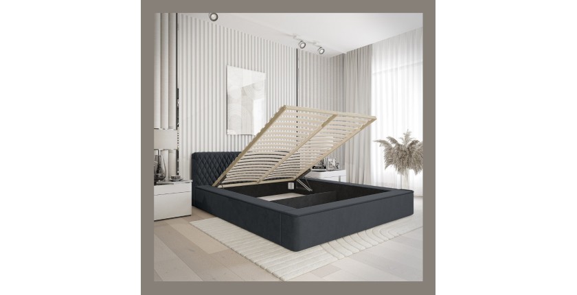 Lit coffre VERNON – Tissu chenille bouclé Charbon bleu – 180x200 cm – Sommier relevable – Design haut de gamme 