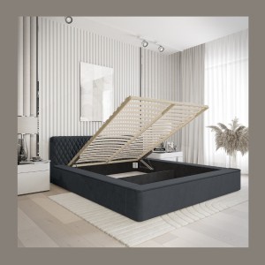 Lit coffre VERNON – Tissu chenille bouclé Charbon bleu – 180x200 cm – Sommier relevable – Design haut de gamme 