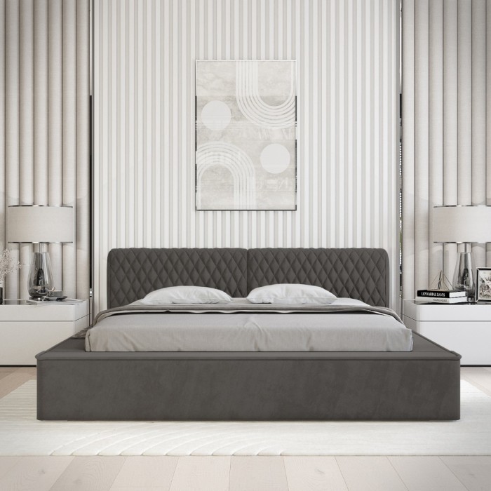 Lit coffre VERNON – Tissu chenille bouclé Anthracite profond – 140x200 cm – Sommier relevable – Design haut de gamme