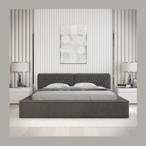 Lit coffre VERNON – Tissu chenille bouclé Anthracite profond – 140x200 cm – Sommier relevable – Design haut de gamme