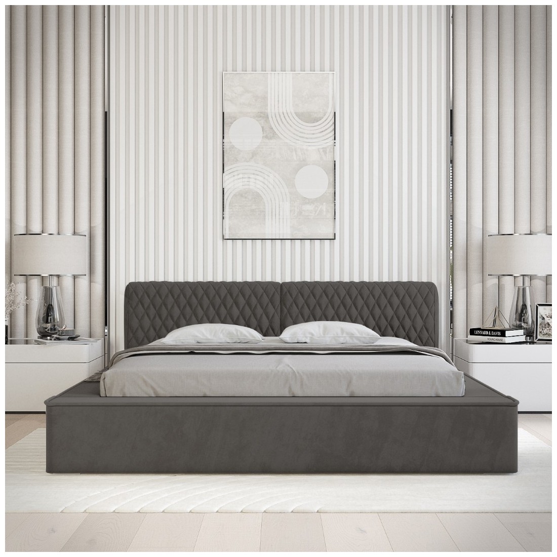 Lit coffre VERNON – Tissu chenille bouclé Anthracite profond – 140x200 cm – Sommier relevable – Design haut de gamme