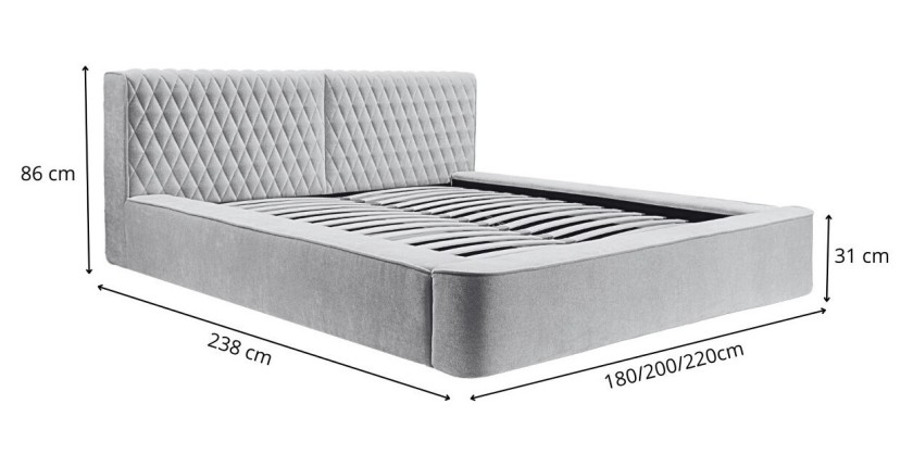 Lit coffre VERNON – Tissu chenille bouclé Anthracite profond – 140x200 cm – Sommier relevable – Design haut de gamme
