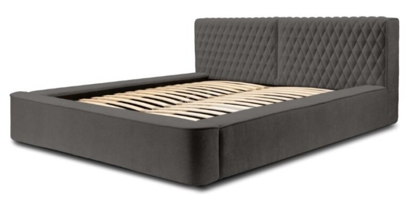 Lit coffre VERNON – Tissu chenille bouclé Anthracite profond – 140x200 cm – Sommier relevable – Design haut de gamme