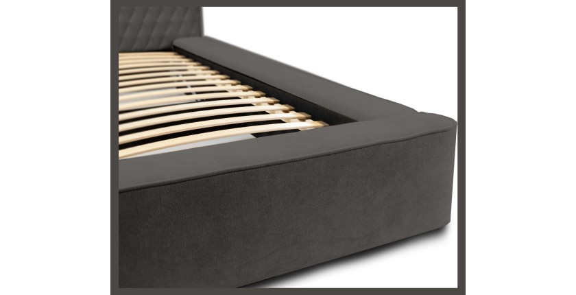 Lit coffre VERNON – Tissu chenille bouclé Anthracite profond – 140x200 cm – Sommier relevable – Design haut de gamme