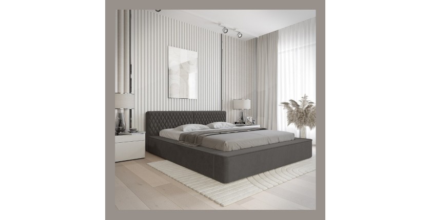 Lit coffre VERNON – Tissu chenille bouclé Anthracite profond – 140x200 cm – Sommier relevable – Design haut de gamme 