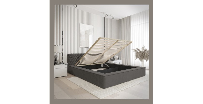 Lit coffre VERNON – Tissu chenille bouclé Anthracite profond – 140x200 cm – Sommier relevable – Design haut de gamme