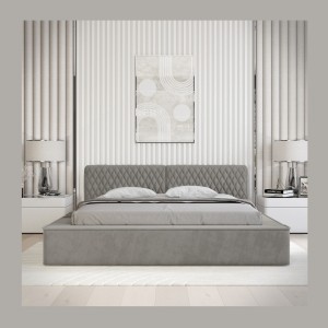 Lit coffre VERNON – Tissu chenille bouclé Cendre taupe – 140x200 cm – Sommier relevable – Design haut de gamme
