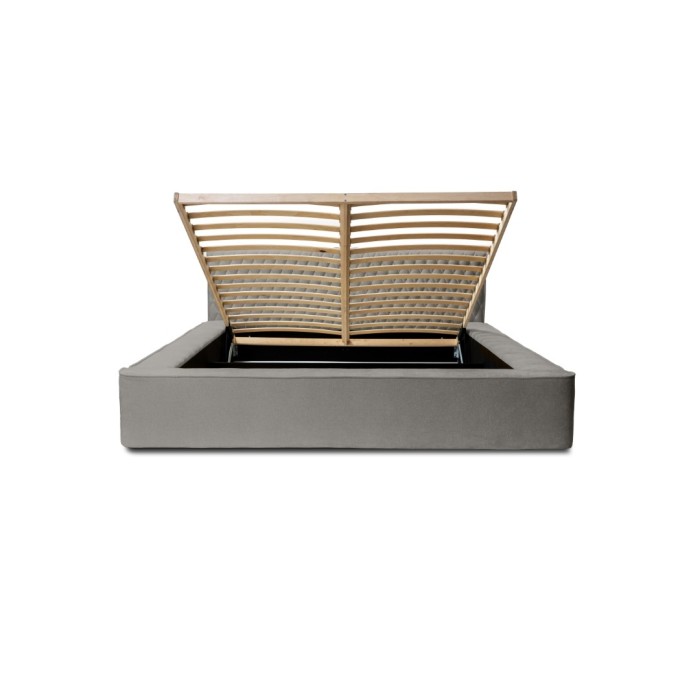 Lit coffre VERNON – Tissu chenille bouclé Cendre taupe – 140x200 cm – Sommier relevable – Design haut de gamme 