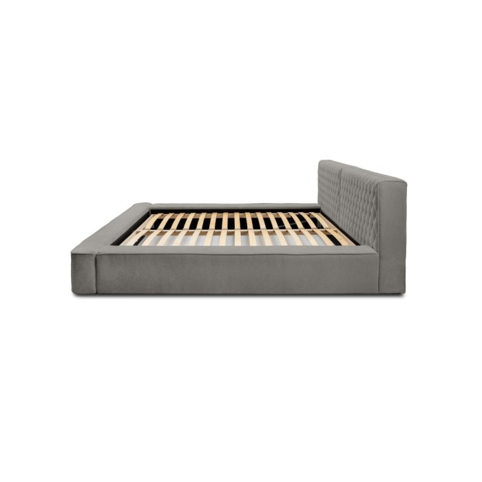 Lit coffre VERNON – Tissu chenille bouclé Cendre taupe – 140x200 cm – Sommier relevable – Design haut de gamme 