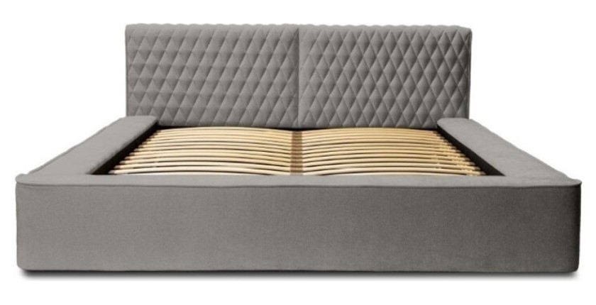 Lit coffre VERNON – Tissu chenille bouclé Cendre taupe – 180x200 cm – Sommier relevable – Design haut de gamme 