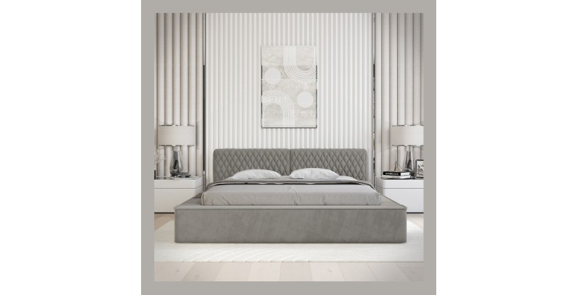 Lit coffre VERNON – Tissu chenille bouclé Cendre taupe – 180x200 cm – Sommier relevable – Design haut de gamme