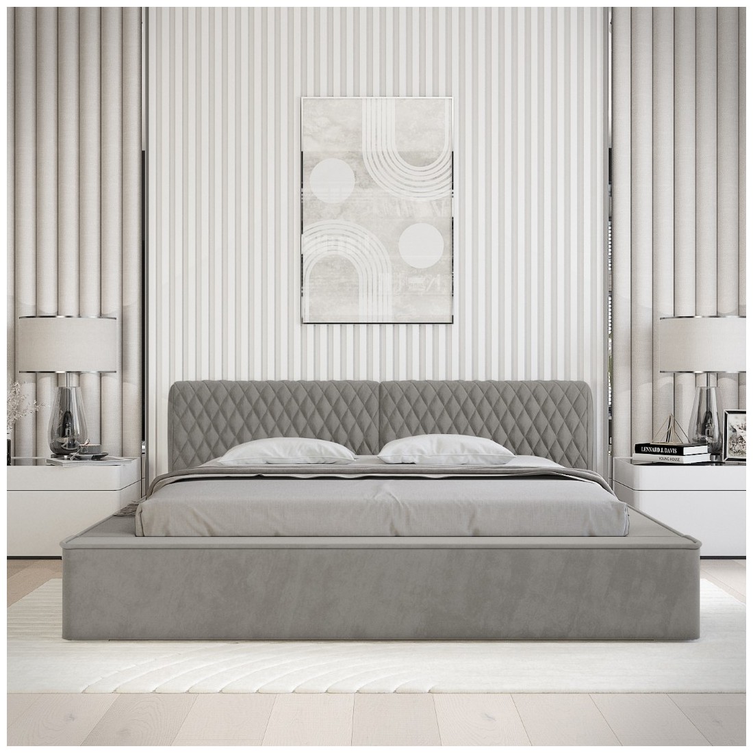 Lit coffre VERNON – Tissu chenille bouclé Cendre taupe – 180x200 cm – Sommier relevable – Design haut de gamme