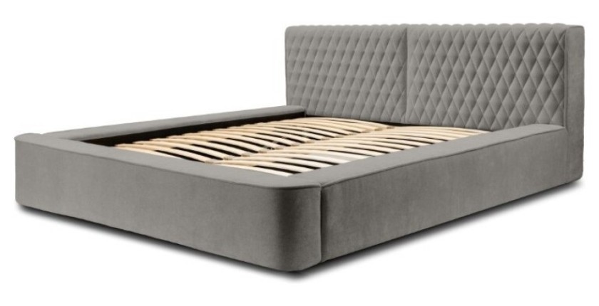 Lit coffre VERNON – Tissu chenille bouclé Cendre taupe – 180x200 cm – Sommier relevable – Design haut de gamme 