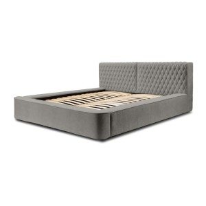 Lit coffre VERNON – Tissu chenille bouclé Cendre taupe – 180x200 cm – Sommier relevable – Design haut de gamme 