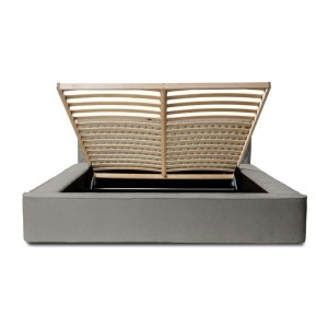 Lit coffre VERNON – Tissu chenille bouclé Cendre taupe – 180x200 cm – Sommier relevable – Design haut de gamme 