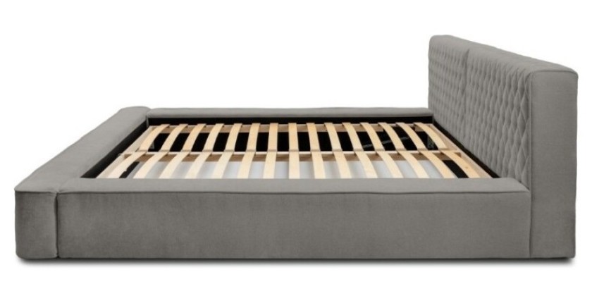 Lit coffre VERNON – Tissu chenille bouclé Cendre taupe – 180x200 cm – Sommier relevable – Design haut de gamme 