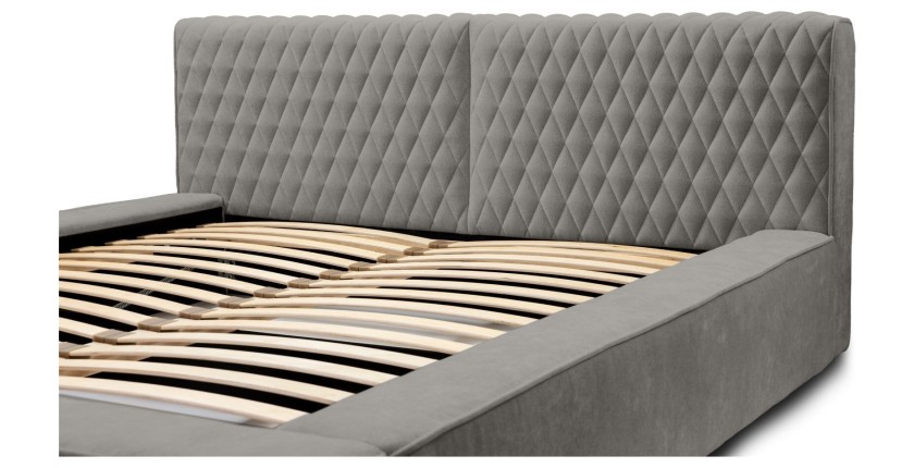 Lit coffre VERNON – Tissu chenille bouclé Cendre taupe – 180x200 cm – Sommier relevable – Design haut de gamme 
