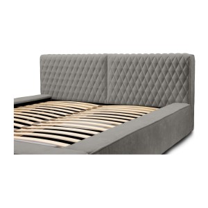Lit coffre VERNON – Tissu chenille bouclé Cendre taupe – 180x200 cm – Sommier relevable – Design haut de gamme 